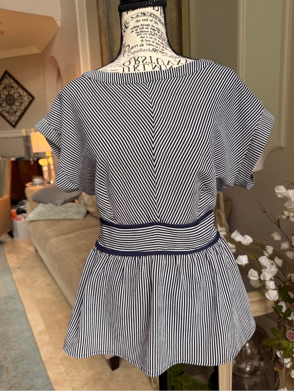 EUC Sz L Monteau Navy White Striped Peplum Blouse Top Dolman Cap Sleeve Boatneck